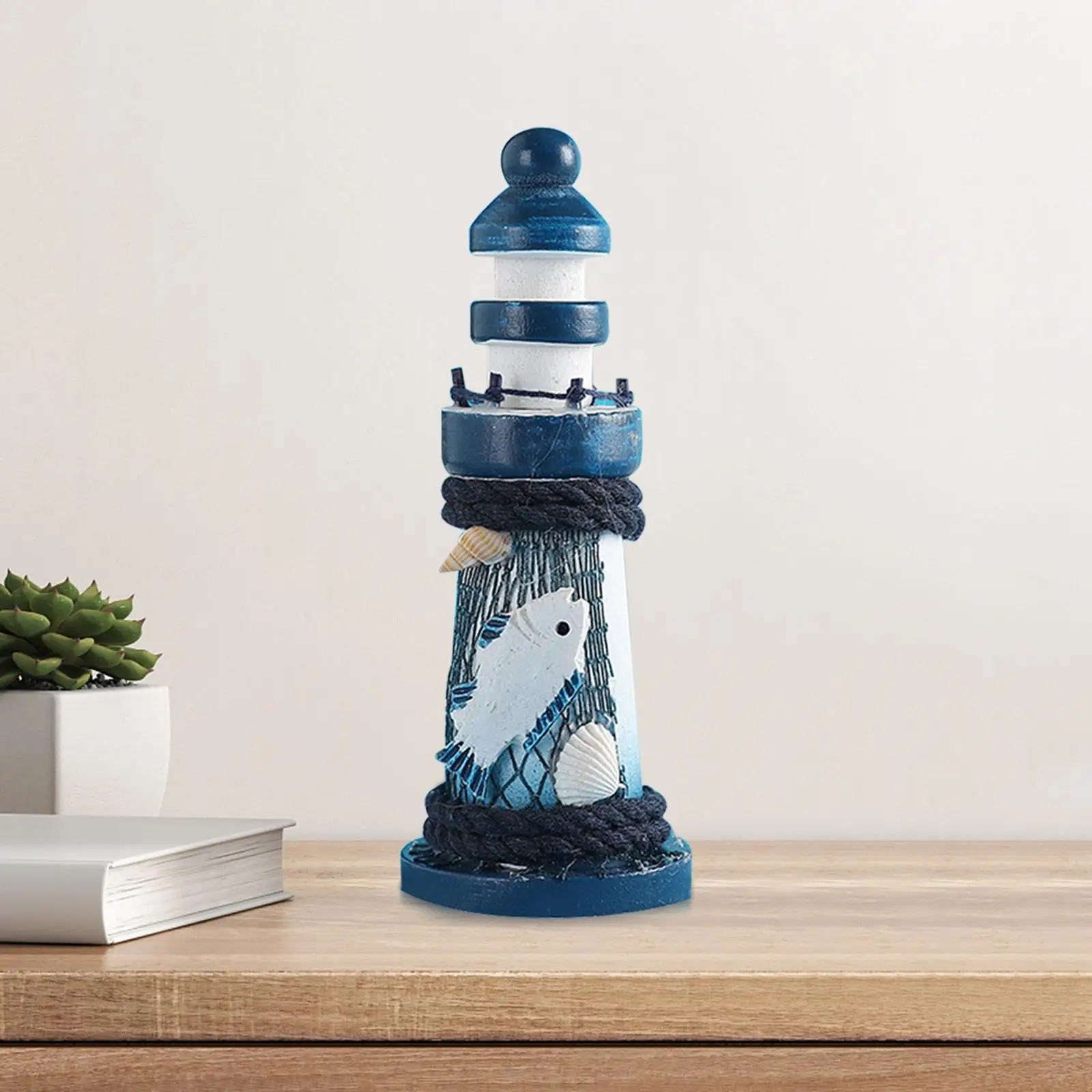 Wood Lighthouse Statue Decorative Figurine Photography Prop Collectible Wooden Sculpture Desktop Ornament for Fireplace Desk