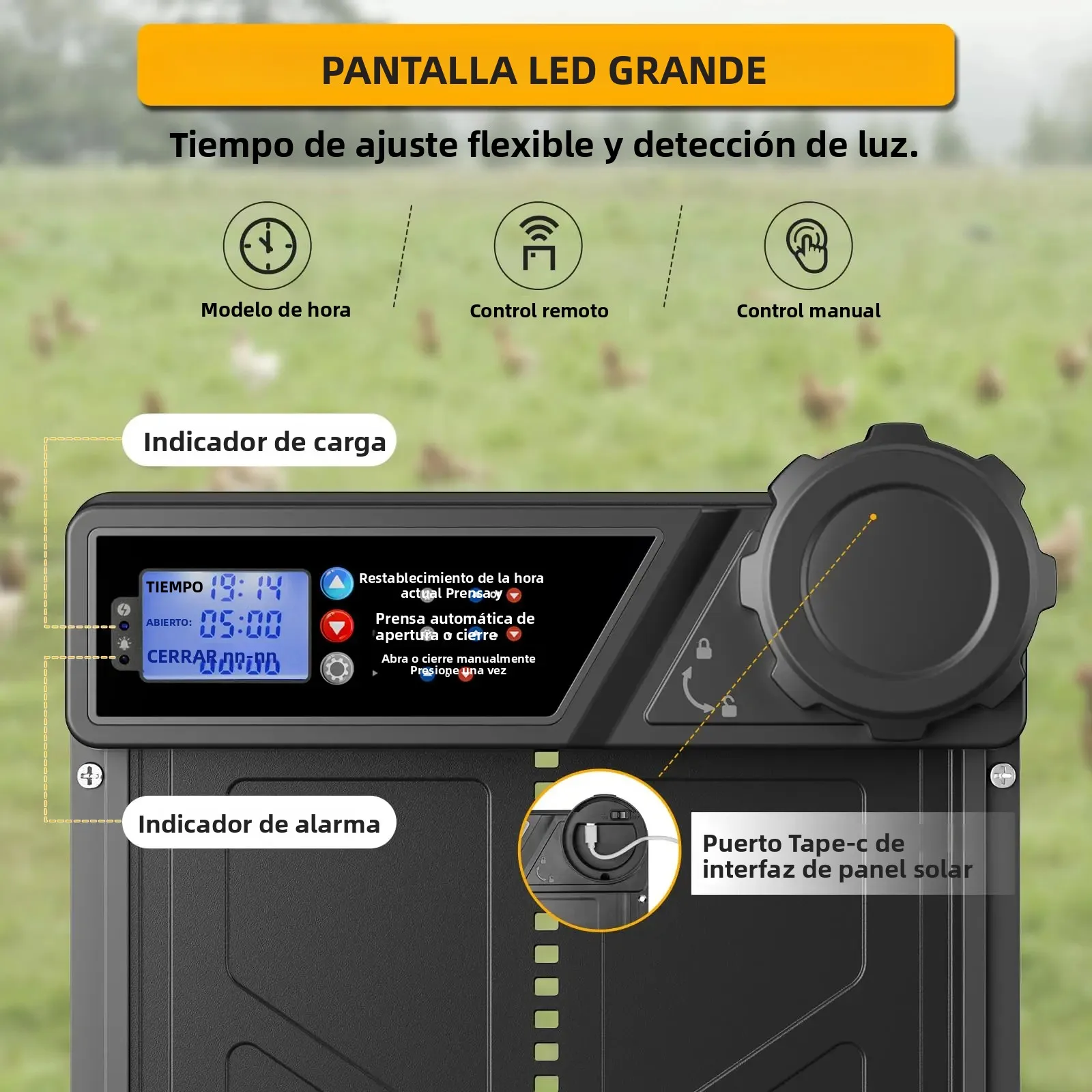 Puerta automática para gallinero con energía solar, pantalla LCD, puerta automática para pollos con temporizador, puerta para pollos de aleación de aluminio con control remoto - imagen 2