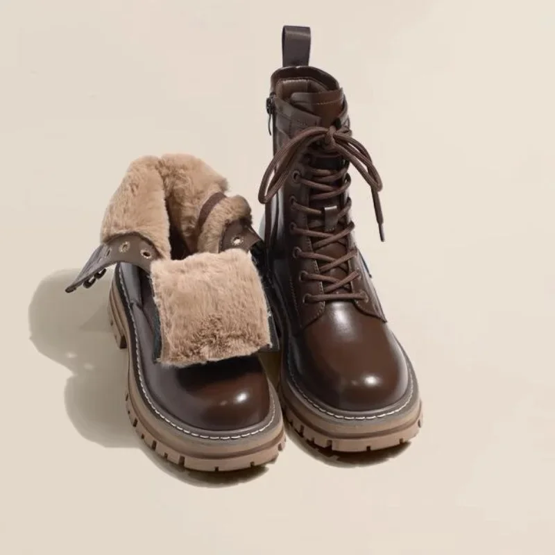 Botas cortas de nieve para mujer, Botines de piel negra y marrón, zapatos acolchados de algodón, fondo grueso cálido, otoño e invierno, novedad - imagen 4