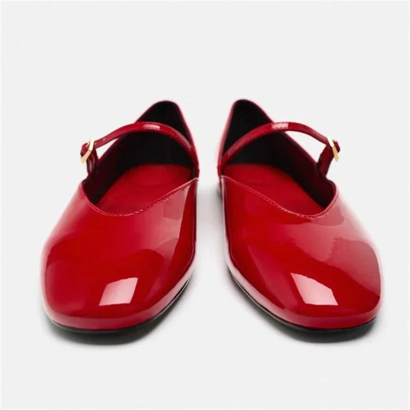 Zapatos Mary Jane rojos para mujer, zapatos planos elegantes de charol sintético, a la moda, con punta redonda y hebilla, para verano 2024 - imagen 2