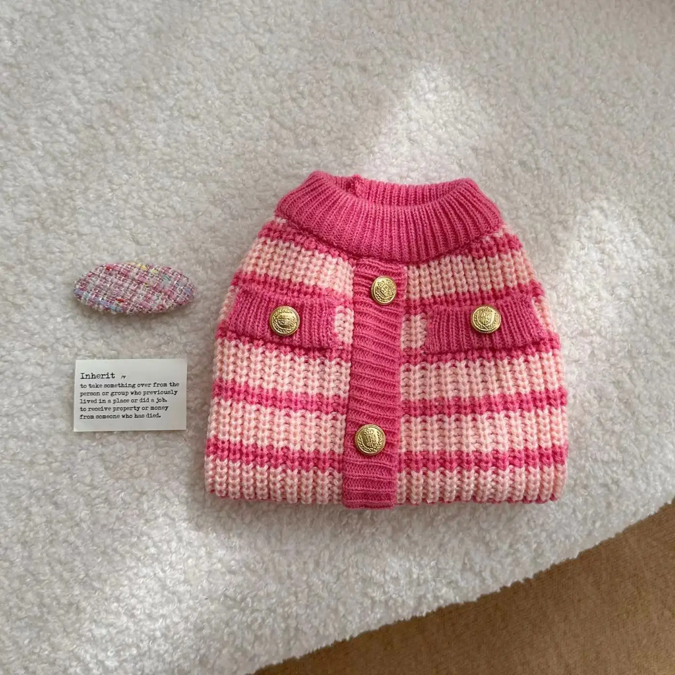 Suéter a rayas rosas para mascotas, cárdigan de punto para perros, suéter grueso y cálido, ropa de gato de peluche para perros pequeños, cachorro, Otoño e Invierno - imagen 4