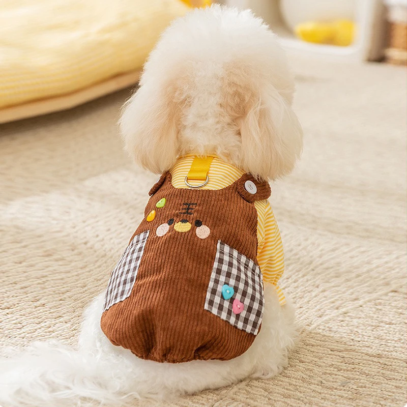 Ropa para perros pequeños de peluche con entramado, mono amarillo, chaleco para cachorros de oso de dibujos animados, sudadera de otoño, monos para Gato de Bulldog Francés - imagen 3