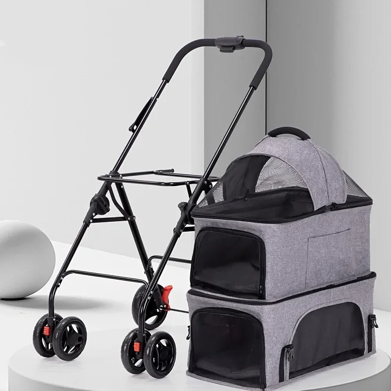 Cochecito para mascotas con cuatro ruedas, ligero, plegable y desmontable, suministros para perros de salida para mascotas de doble capa - imagen 3