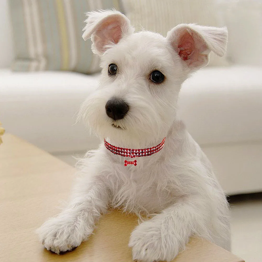 Collar con colgante de hueso para perros pequeños, joyería de cristal ostentosa de lujo, Collar de perro con diamantes de imitación de 3 filas, elástico ajustable para cachorros y gatos - imagen 3