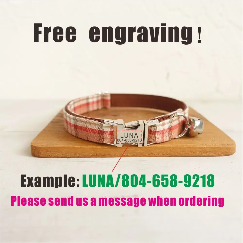 Collar de gato personalizado con grabado gratuito, correa para mascotas a juego, hebilla de Metal de contactos personalizados, Collar pequeño para mascotas a cuadros rojos - imagen 4