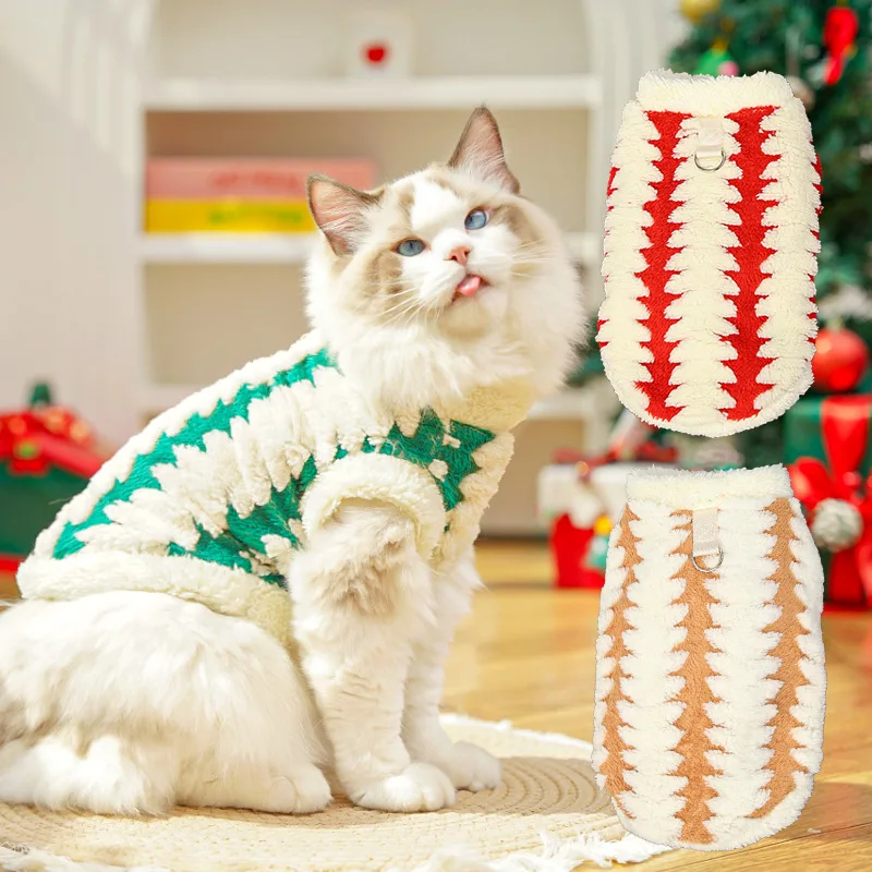 Abrigo de Navidad para mascotas, chaleco de felpa a rayas para otoño e invierno, bonito chaleco de peluche para gatos, ropa para cachorros, ropa para perros pequeños - imagen 2