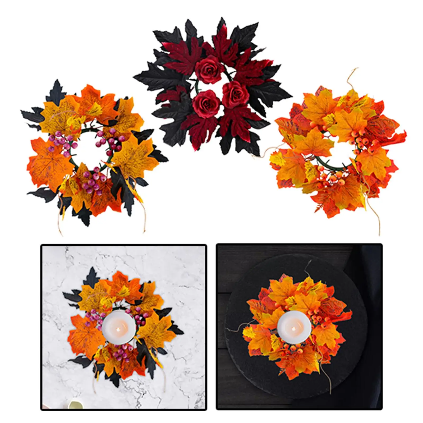 Halloween Candle Ring Wreath Small Autumn Wreath Fall Candle Rings Wreath for Halloween Tabletop Centerpieces Wedding Decor