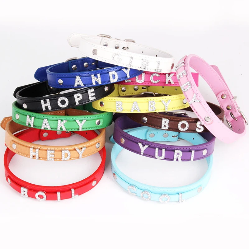 Collar de perro con nombre personalizado de diamantes de imitación, collares de gato ajustables con letras personalizadas, dijes para cachorros pequeños, perros medianos y grandes, Pitbull - imagen 4