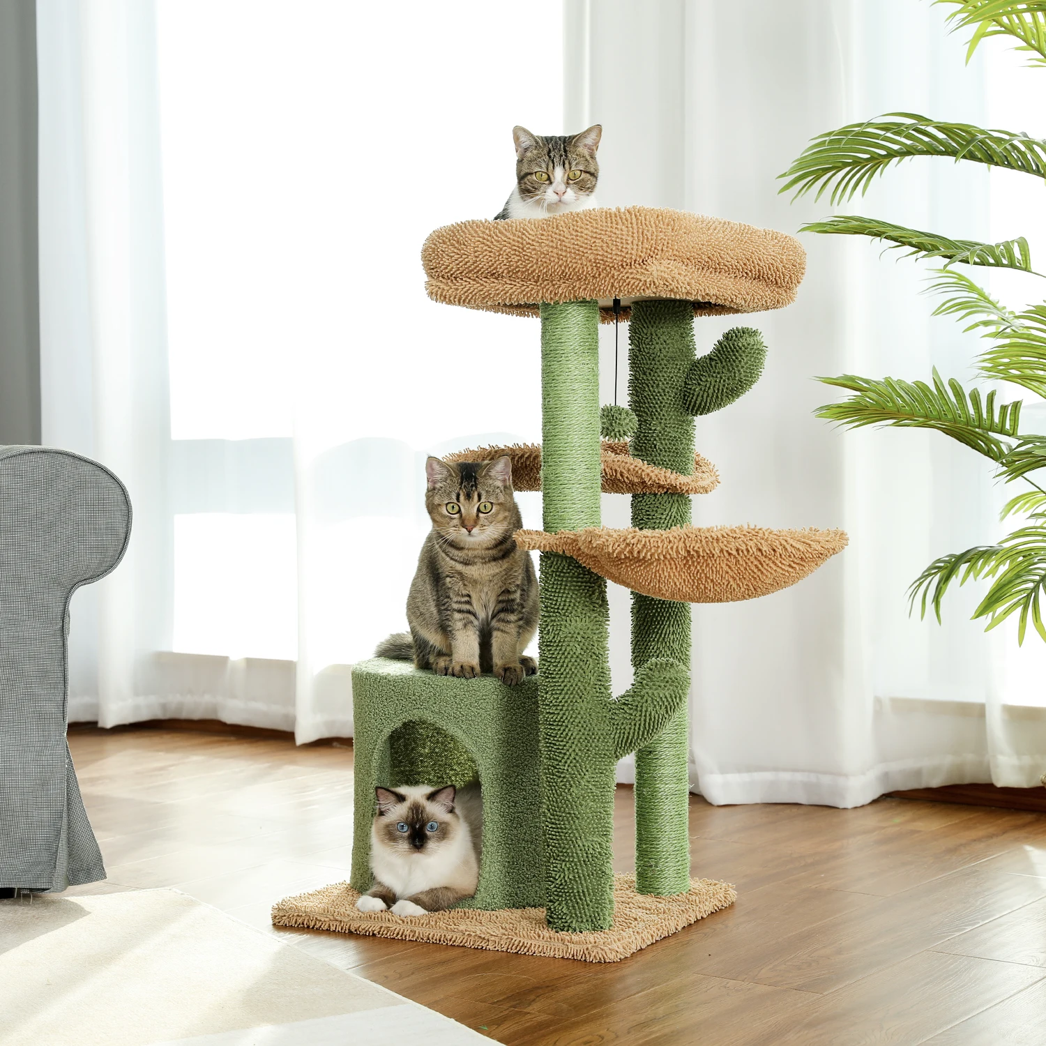 Árbol para gatos con cactus, torre para gatos con tumbona, condominio espacioso, perchas superiores, poste rascador de Sisal Natural, muebles para gatos, juguetes para gatos