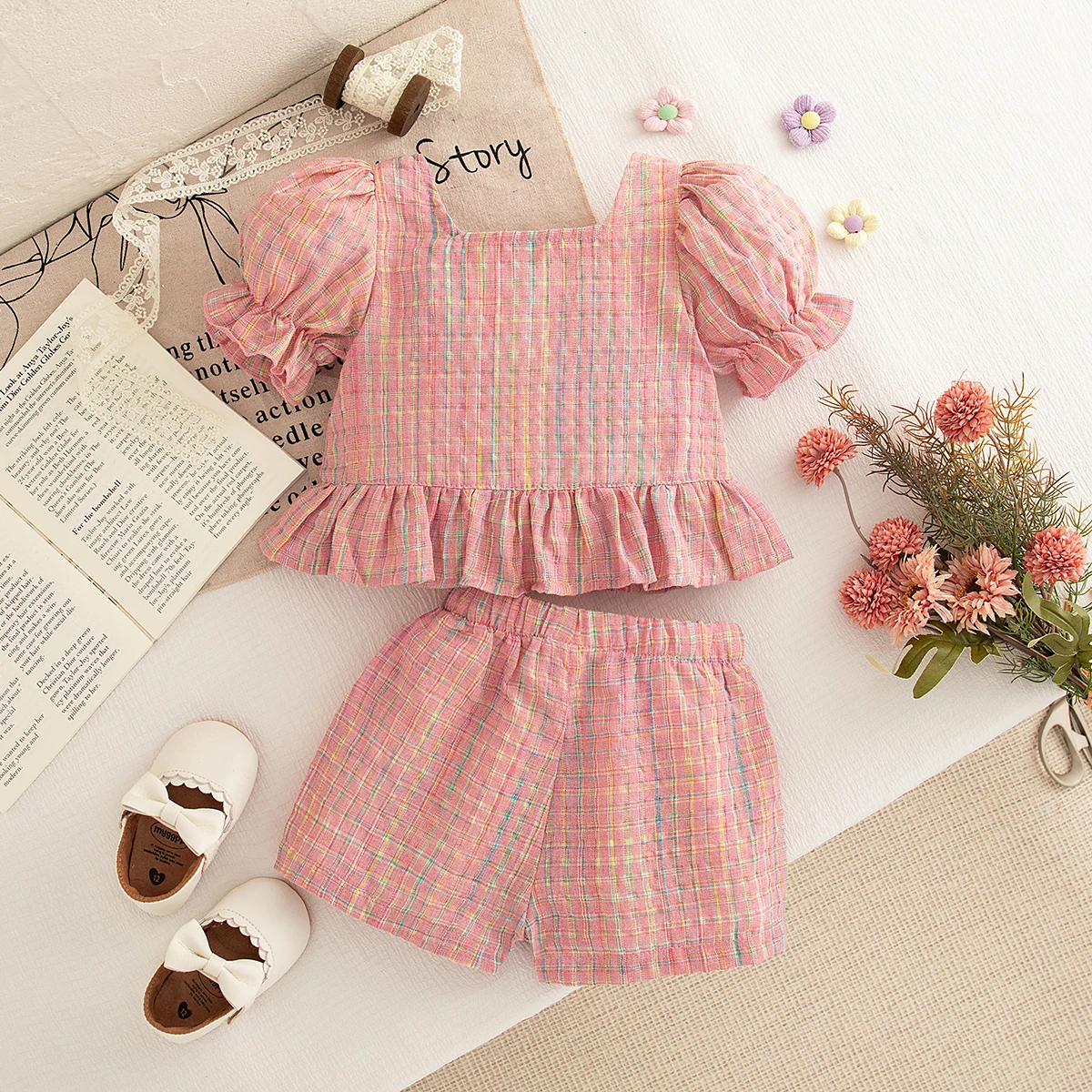 2 unid/set traje de niña de verano de algodón a cuadros con manga de burbuja traje de niña de dos piezas lindo traje Casual para bebé - imagen 3