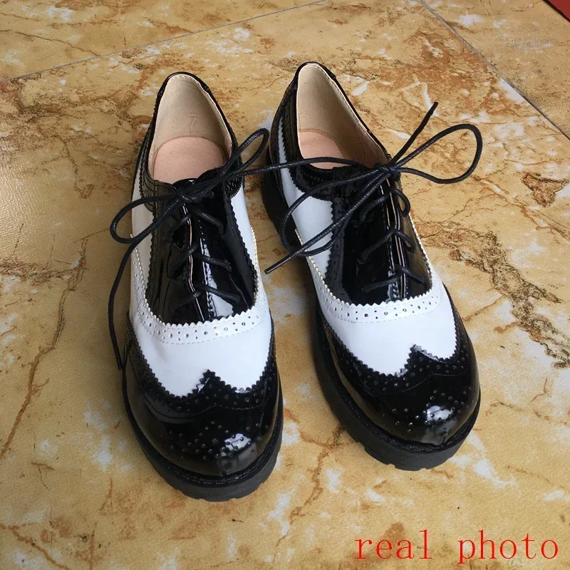 Zapatos brogue de estilo británico para mujer, calzado informal Oxford con punta redonda y punta de ala de colores mezclados atados cruzados, zapatos - imagen 5