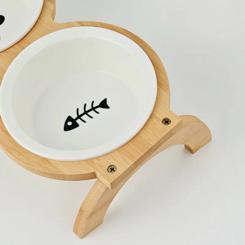 Cuencos de cerámica para comida de gatos elevados de madera, vajilla para mascotas, gatito, cachorro, tazón doble para beber de acero inoxidable, contenedor alimentador para perros - imagen 5