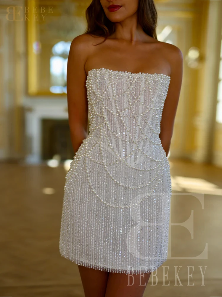 BEBEKEY-vestido de novia corto con perlas, minifalda personalizada sin tirantes, vestidos formales de fiesta, vestido de noche - imagen 4