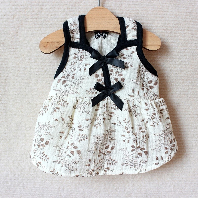 Vestidos de verano de algodón antiguo para cachorros, cuello en V, estampado de tinta, ropa para perros pequeños y medianos, chaleco con pajarita Floral, vestidos transpirables para gatitos - imagen 2