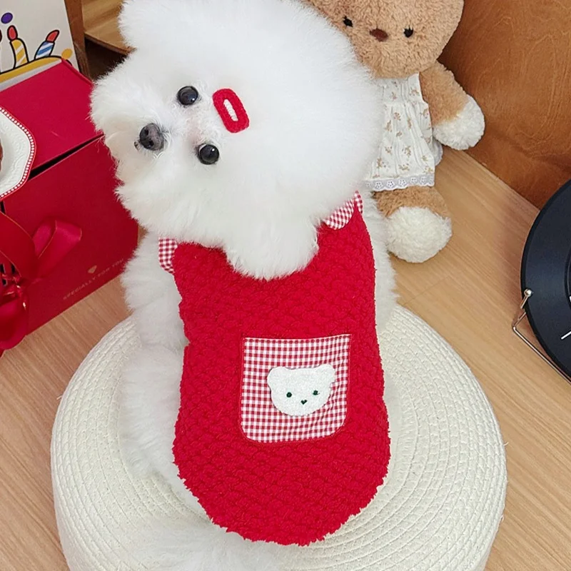 Ropa cálida de invierno para perros, chaleco a cuadros de lujo para perros, Sudadera con capucha, suéter suave bonito para cachorros, jersey con estampado de oso para gatos, chaleco para mascotas, suministros para perros - imagen 4