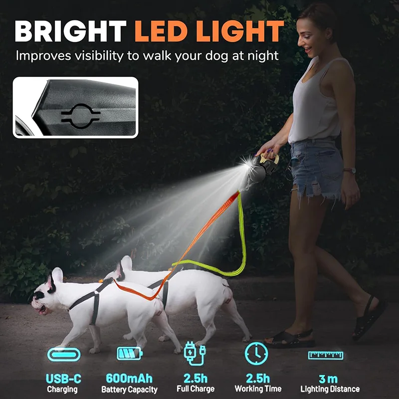 Correa automática para mascotas de alta calidad, doble para perros pequeños y medianos, para caminar de noche, ruleta retráctil, correas para cachorros y perros con luz - imagen 4