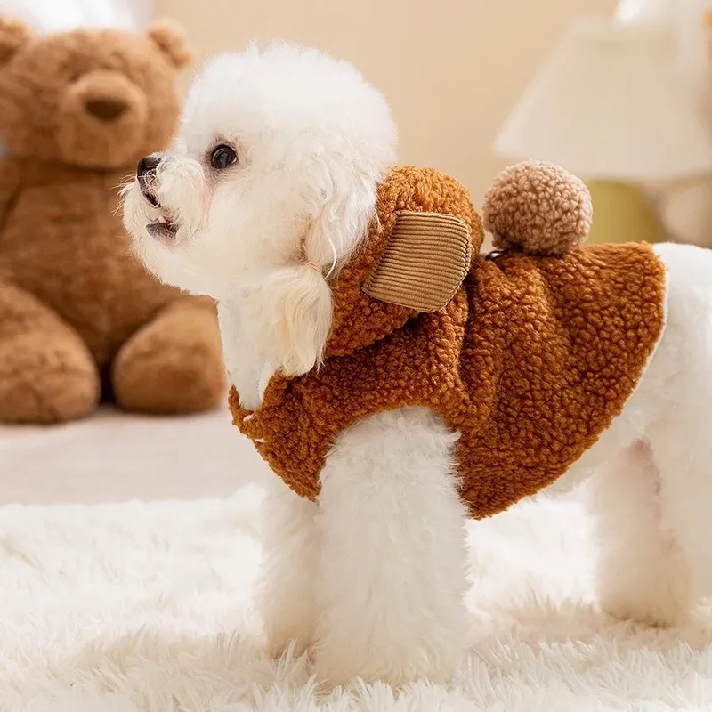 Ropa cálida de oso bonito, abrigo de lana Tractable para perros, ropa para mascotas Ins Wind, abrigo grueso sin mangas para cachorros de invierno, cárdigan de peluche - imagen 4