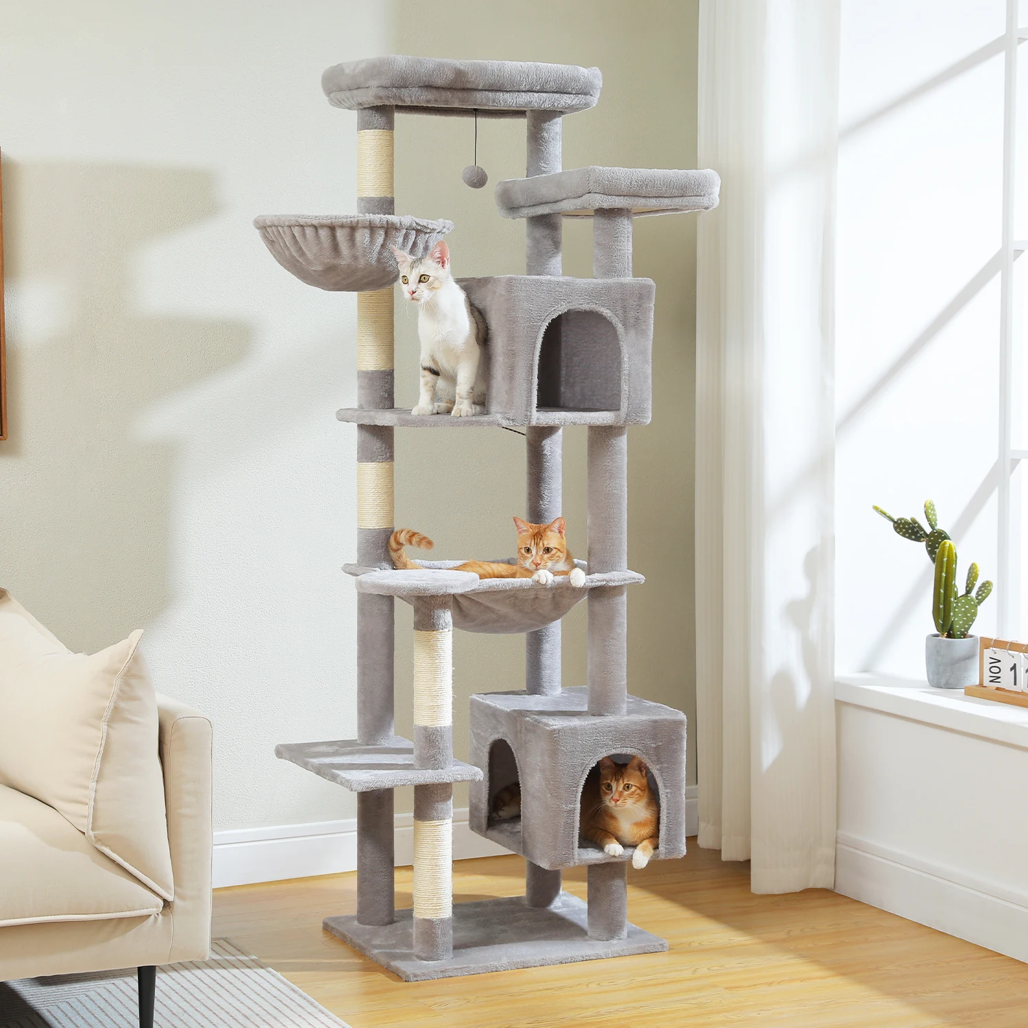 Árbol grande para gatos, torre alta para gatos de interior, Condo de gato de peluche de varios niveles con postes para rascar, tablas para rascar, perchas, cuádruplas - imagen 5