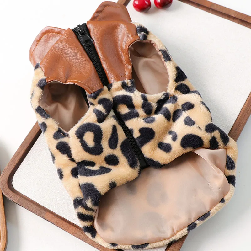 Chaqueta con estampado de leopardo para mascotas, ropa para perros, chaleco marrón sin mangas con cremallera, ropa cálida para cachorros, ropa para caniche Chihuahua XS - imagen 4