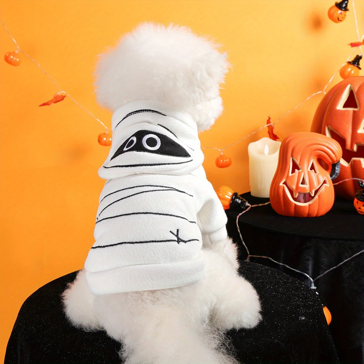 Suéter de Halloween para mascotas, chaqueta con capucha blanca cálida con botones abiertos y bordado divertido, ropa suave para mascotas para perros y gatos para perros pequeños - imagen 2