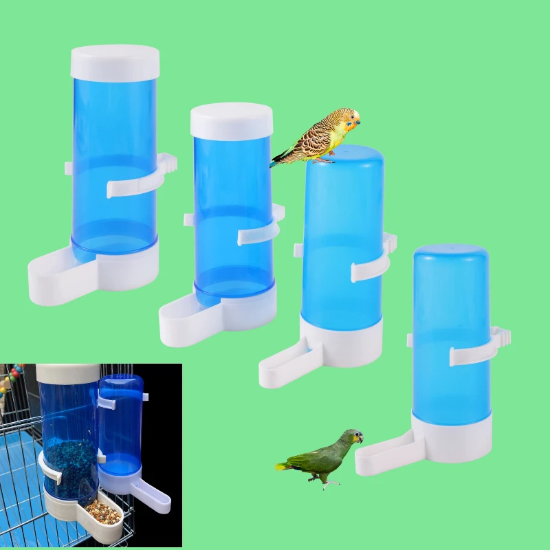 Bebedero automático colgante para pájaros y mascotas, alimentador para pájaros azul, jaula para pájaros, herramienta de alimentación para loros, cuencos y bebederos automáticos, 4 piezas