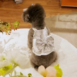 Vestido con lazo brillante para primavera/verano para mascotas, vestido de princesa con tirantes para boda para perros, tocado con lazo para mascotas, ropa para perros pequeños
