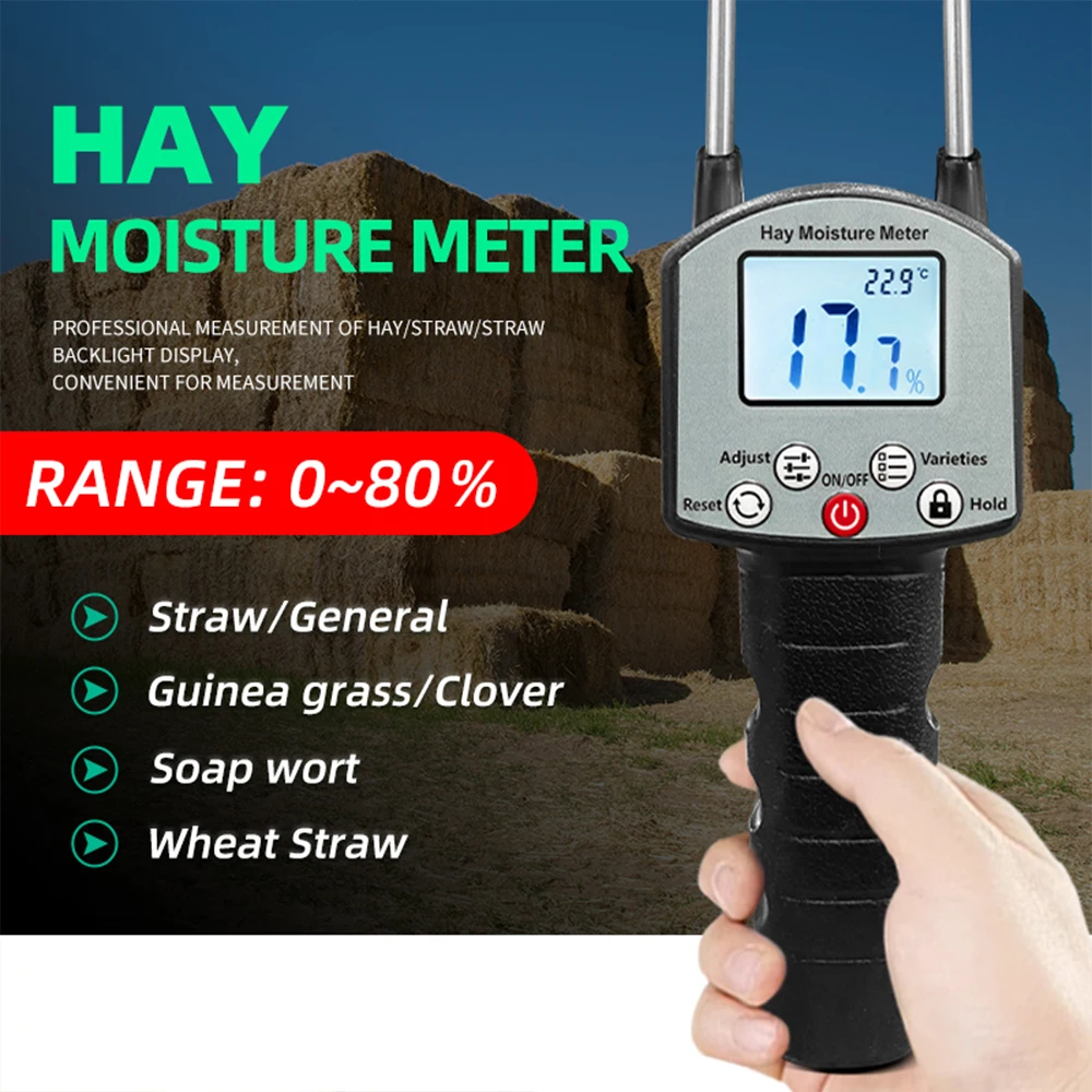 Probador de humedad de forraje con pantalla LCD, medidor de humedad de heno portátil, probador de humedad de pasto de paja de heno, Detector de contenido de agua 0-80%