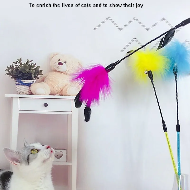 Juguete para gatos, juguetes interactivos de plumas con mango largo para gatos, palo de Teaser resistente a mordeduras, juguete de plumas para gatos, palos, suministros para mascotas - imagen 4