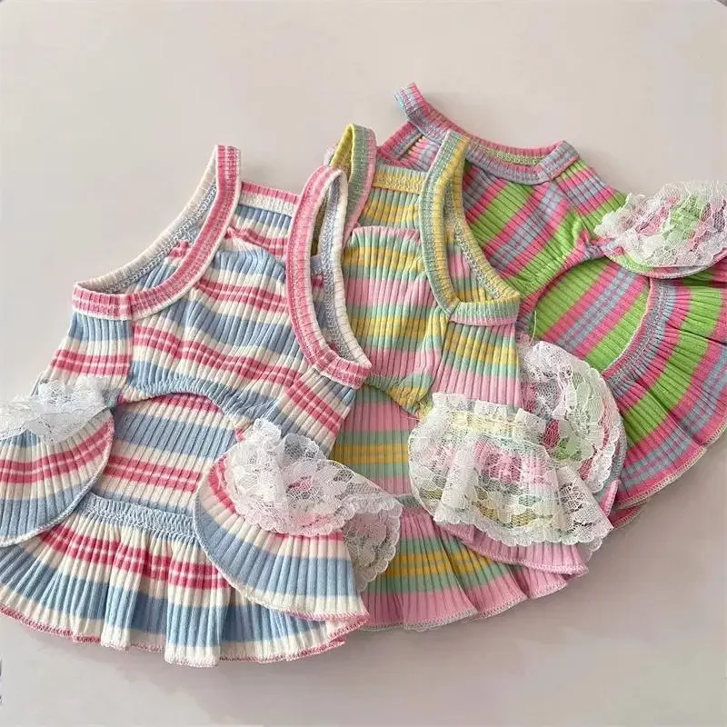Ropa de encaje a cuadros para mascotas, Top con tirantes a rayas, ropa para perros y gatos, falda bonita de princesa, chaleco de peluche para perros pequeños, ropa fina para cachorros - imagen 4