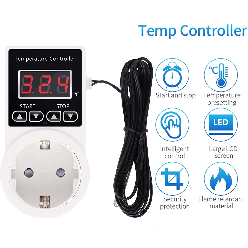 Enchufe controlador de temperatura inteligente AC 220V enchufe UE salida de termostato Digital-20 ~ 120 ℃   Interruptor de calefacción y refrigeración con sensor