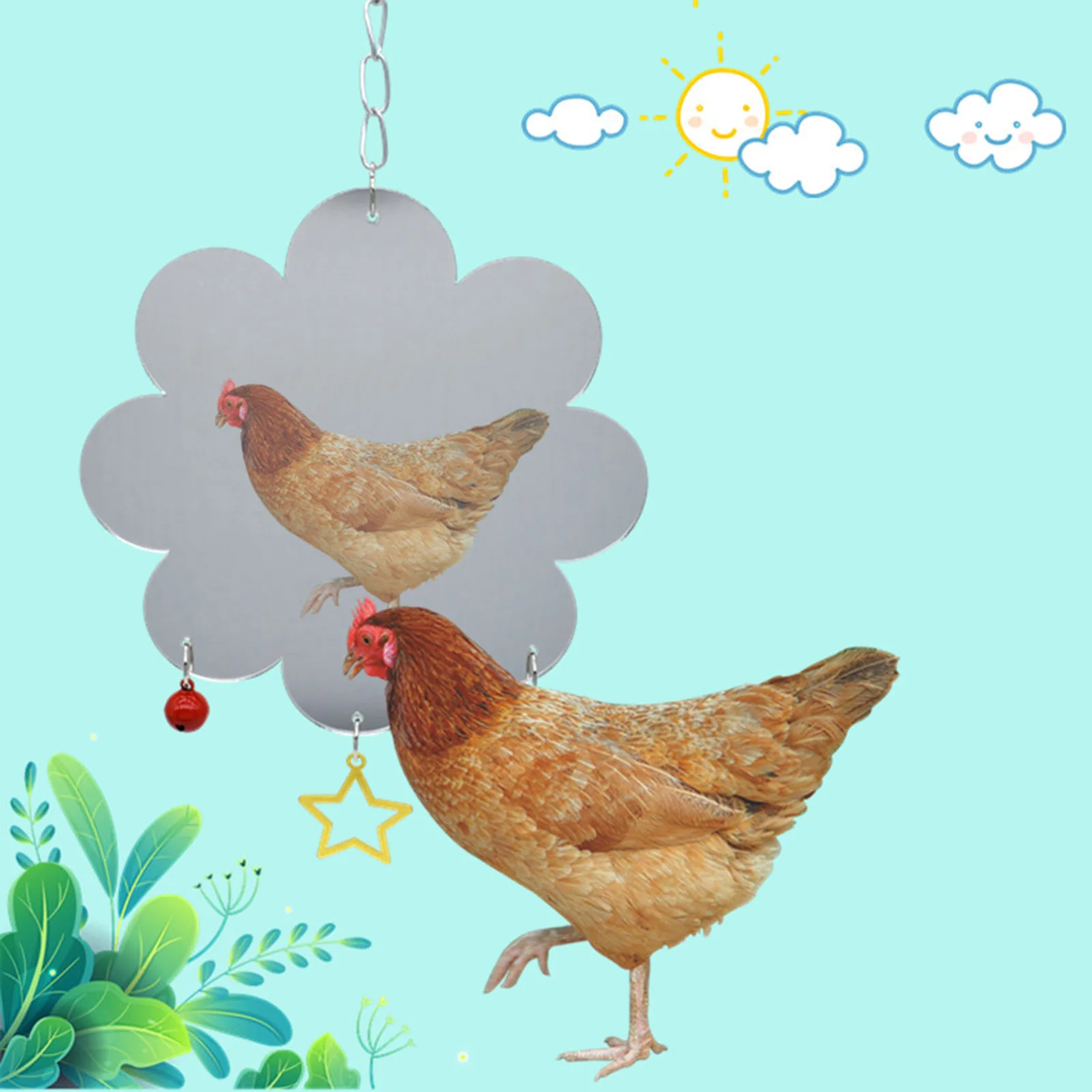 Juguetes de espejo de pollo colgante de acrílico con campanas, accesorios de jaula de pájaros, juguete interactivo de pollo para gallinero, suministros para aves - imagen 4
