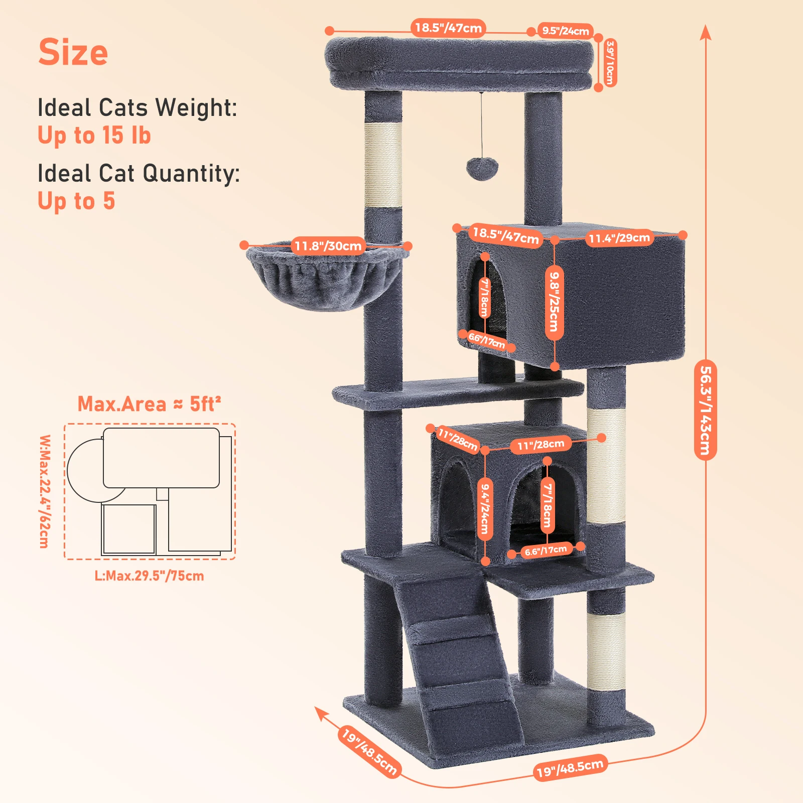 Torre de árbol para gatos gris oscuro con percha superior, postes rascadores naturales, pompón interactivo, hamaca y condominio acogedores, muebles para gatos, juguetes para gatos - imagen 5