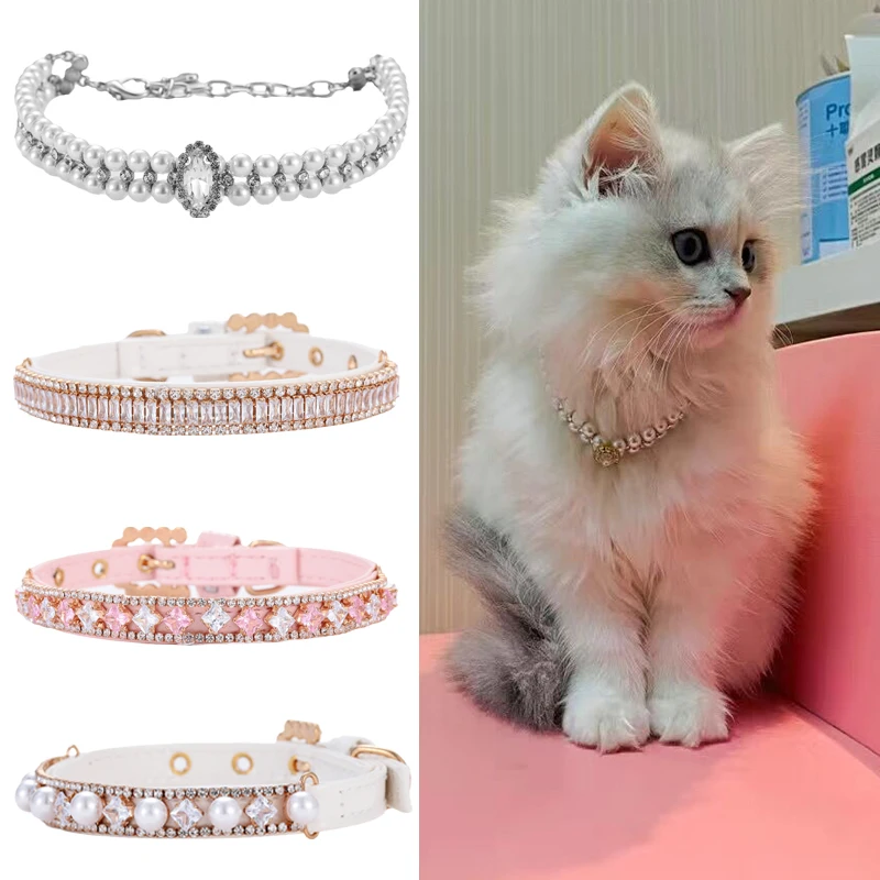 Collar de gato con diamantes de imitación para mascotas, Collar de perlas para gatos, cachorro, conejo, gatito, accesorios, collares ajustables, suministros para mascotas