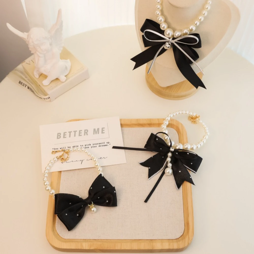 Collar de perlas vintage para gatos y perros con lazo – Estilo dama - imagen 3