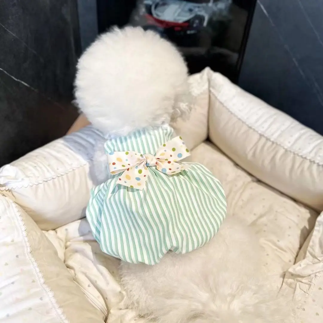Ropa de primavera para mascotas, falda con tirantes a rayas Ins con lazo, falda para gato de peluche, falda para perro pequeño maltés, ropa para perros pequeños - imagen 2