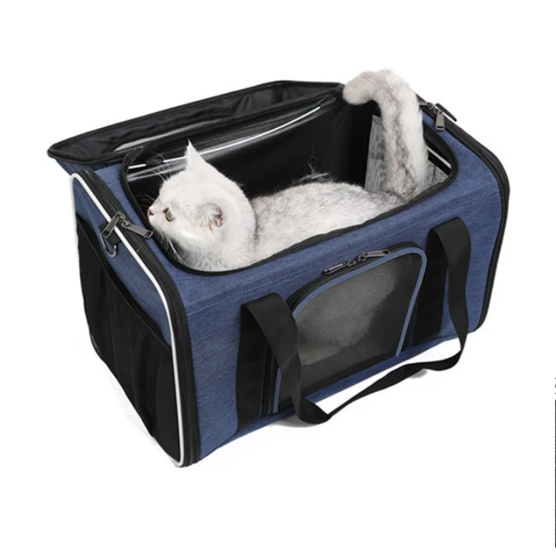 Bolsa transportadora para mascotas transpirable con diseño de malla, transportador plegable para cachorros de viaje con espacio superior expandible, bolsas de lados suaves para perros, azul - imagen 2