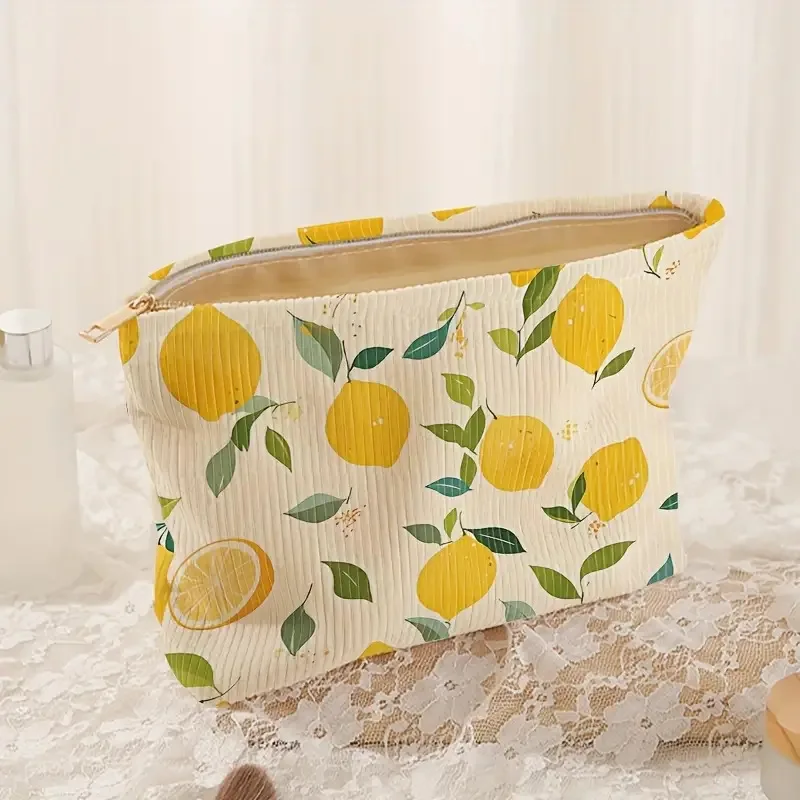 Bolsa de maquillaje con cremallera de pana con estampado floral de diseño minimalista, bolsa de almacenamiento de cosméticos ligera y multifuncional - imagen 4