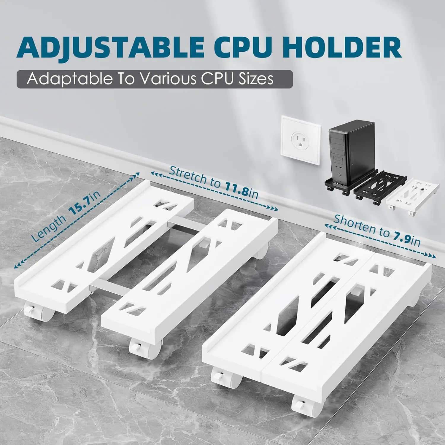 Soporte de torre de computadora ajustable, soporte de CPU móvil con 4 ruedas giratorias, soporte de CPU debajo del escritorio, carrito de piso de PC, elevador de PC - imagen 2