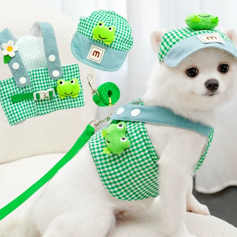 Conjunto de arnés y correa para perro con sombrero para el sol para perro, chaleco a cuadros con rana bonita de verano, arnés para perros pequeños, traje para cachorros, accesorios para perros nuevos