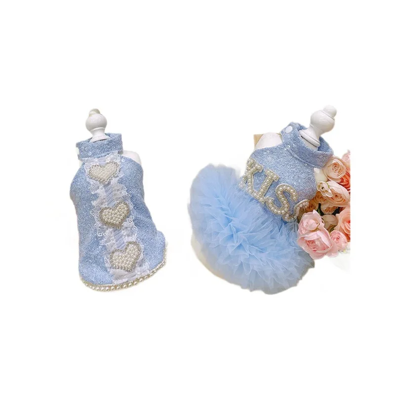 Pet malha retalhos pérola amor vestido de princesa vestido de lantejoulas teddy saia fofa colete roupas para cães designer roupas de cachorro - imagen 5