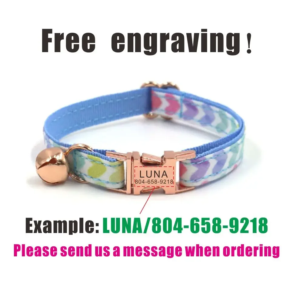 Collar de gato personalizado, contactos de nombre de identificación personalizados, hebilla de metal, collares de gato ajustables con estampado de corazón azul y campana - imagen 4
