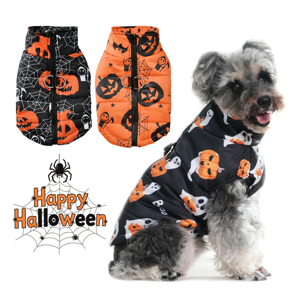Disfraz de Halloween para perros, ropa cálida de invierno para perros pequeños y medianos, chaqueta con estampado de calabaza divertida, chaleco para cachorros, abrigo, regalo de Festival