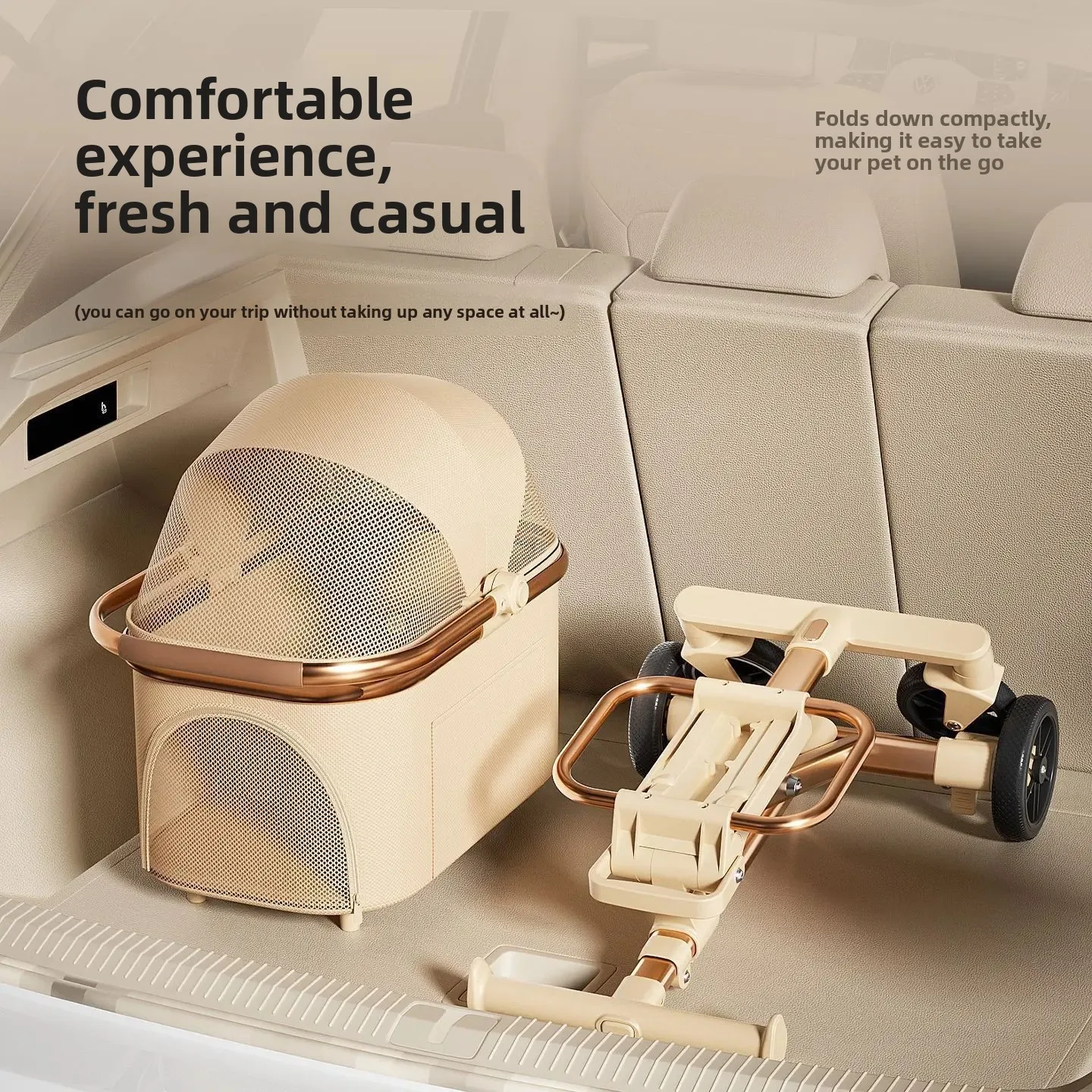 Carrito plegable para perros y gatos – Oro rosa, ligero con bolsa - imagen 2