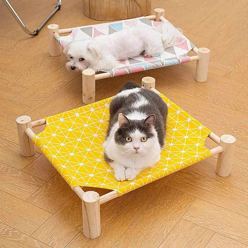 Cama para gatos, cama elevada, casa de lona, hamaca de madera maciza para gatos, cama para acampar para mascotas, casa para gatos, suministros portátiles lavables y extraíbles para mascotas