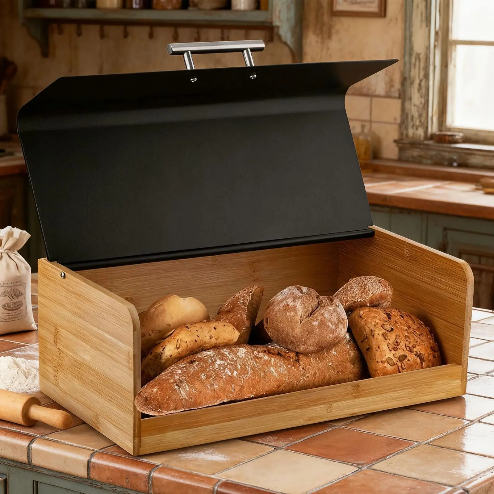 Práctica caja de pan de hierro con organizador de tapa para sala de estar, restaurante, armario de granja, encimera - imagen 4