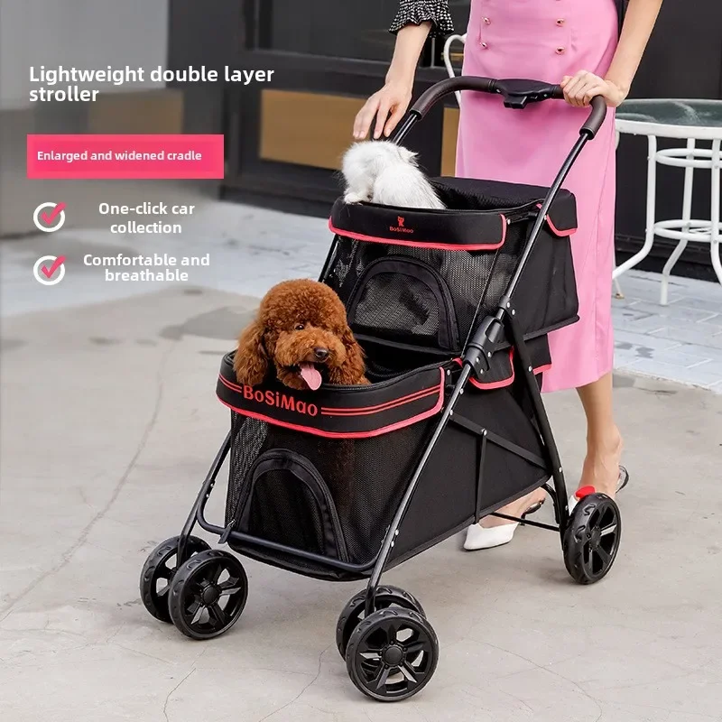 Cochecito de doble capa para mascotas de tamaño pequeño y mediano, carrito para caminar para perros agrandado y ensanchado, cochecito de viaje plegable y ligero - imagen 2