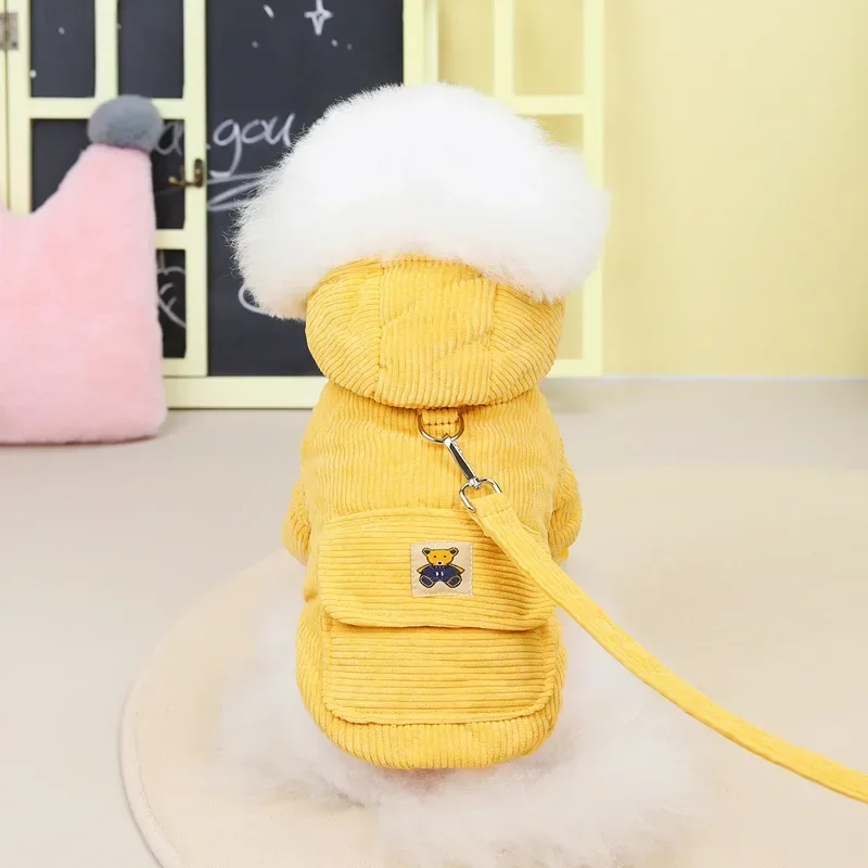 Abrigo de pana para perro con correa, anillo en D, sudadera con capucha de invierno para perro, sudaderas con bolsillos para perros pequeños, ropa para Chihuahua, cachorro - imagen 3