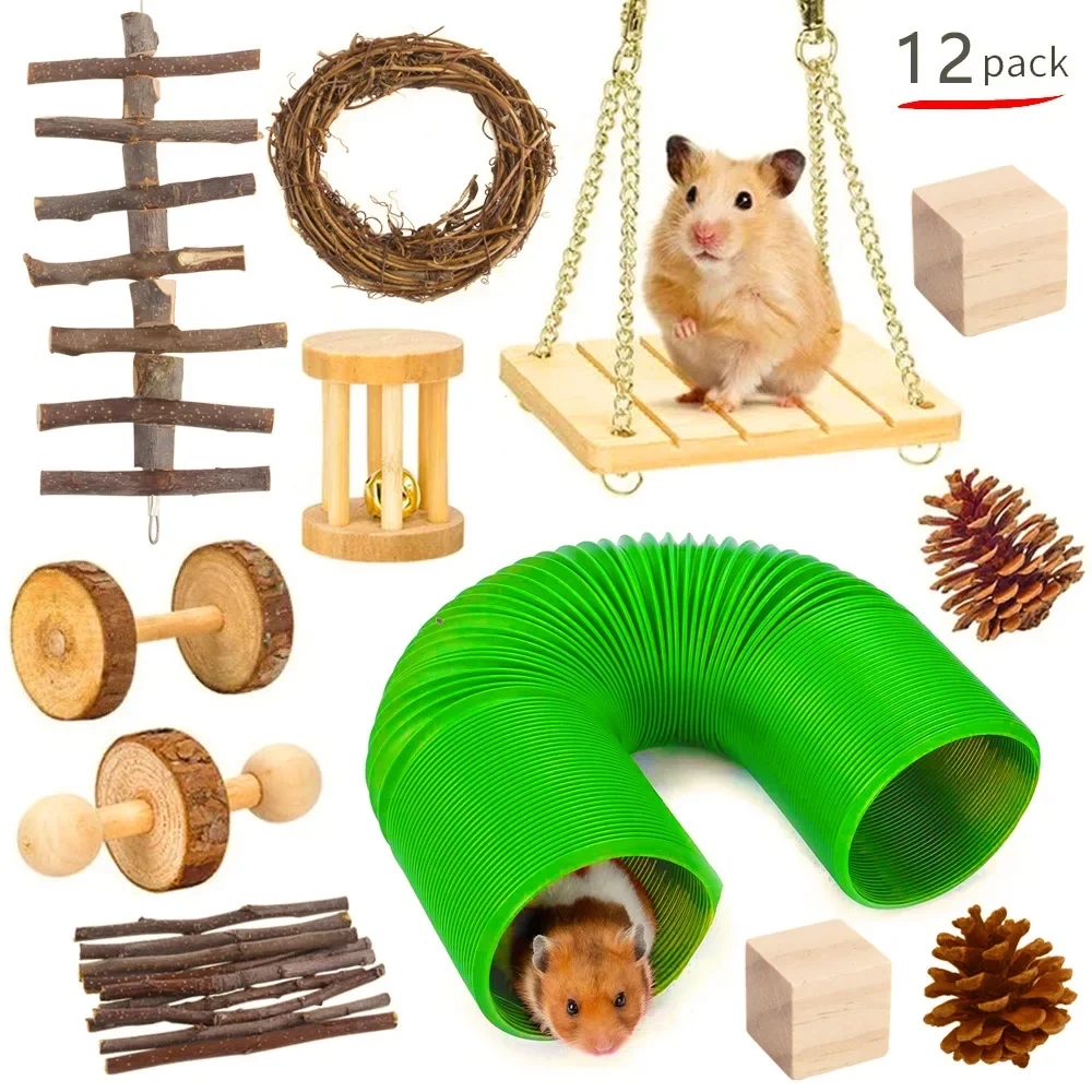 Combinación de juguetes para hámster, conejo, rata, juego de juguetes para hámster, mascota, conejillo de indias, loro, juego Molar, suministros de madera - imagen 3