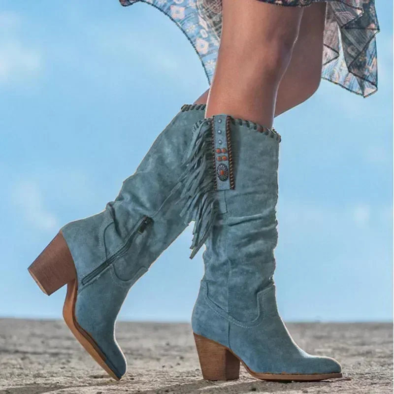 Botas altas con hebilla De Metal para Mujer, zapatos con punta estrecha y tacón grueso, estilo vaquero occidental, 2024 - imagen 5
