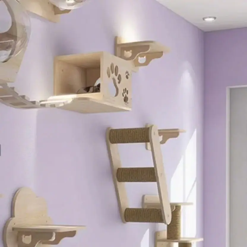 Estante de escalada para gatos montado en la pared, muebles de pared, escalera con cuerda de Sisal, poste rascador, árbol para gatos, gatitos, durmiendo - imagen 3
